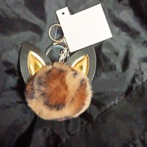 NWT CAT LEAPORD PRINT POMPOM BAG CHARM